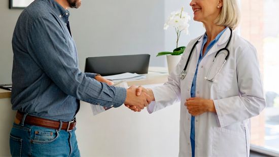 Мужчина жмёт руку женщине-врачу